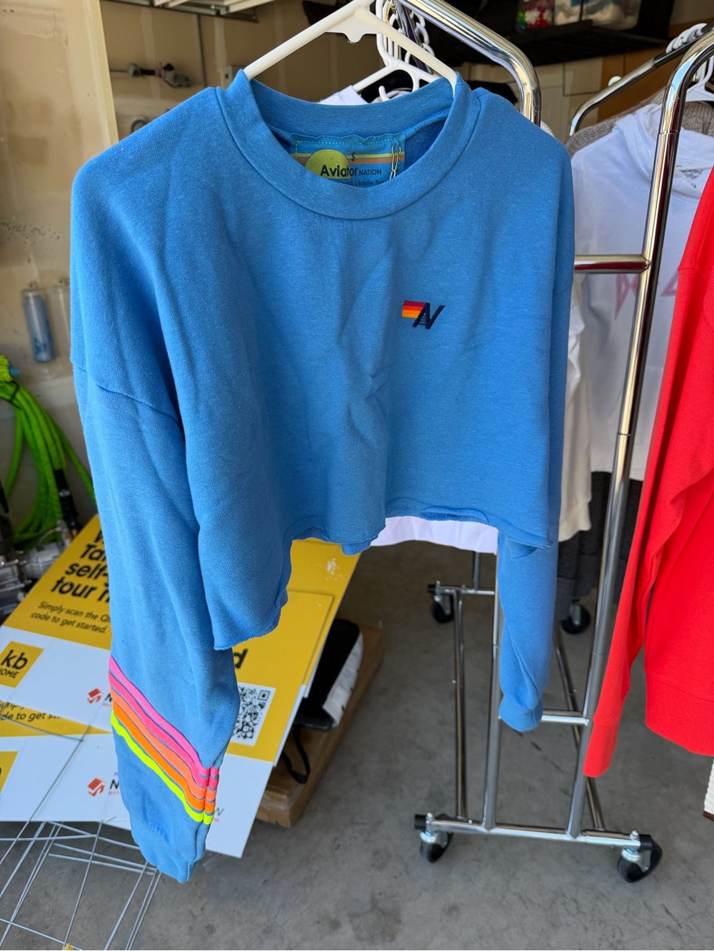 NWT Aviation Nation Blue Cropped Sweatshirt with Rainbow Sleeve Detail